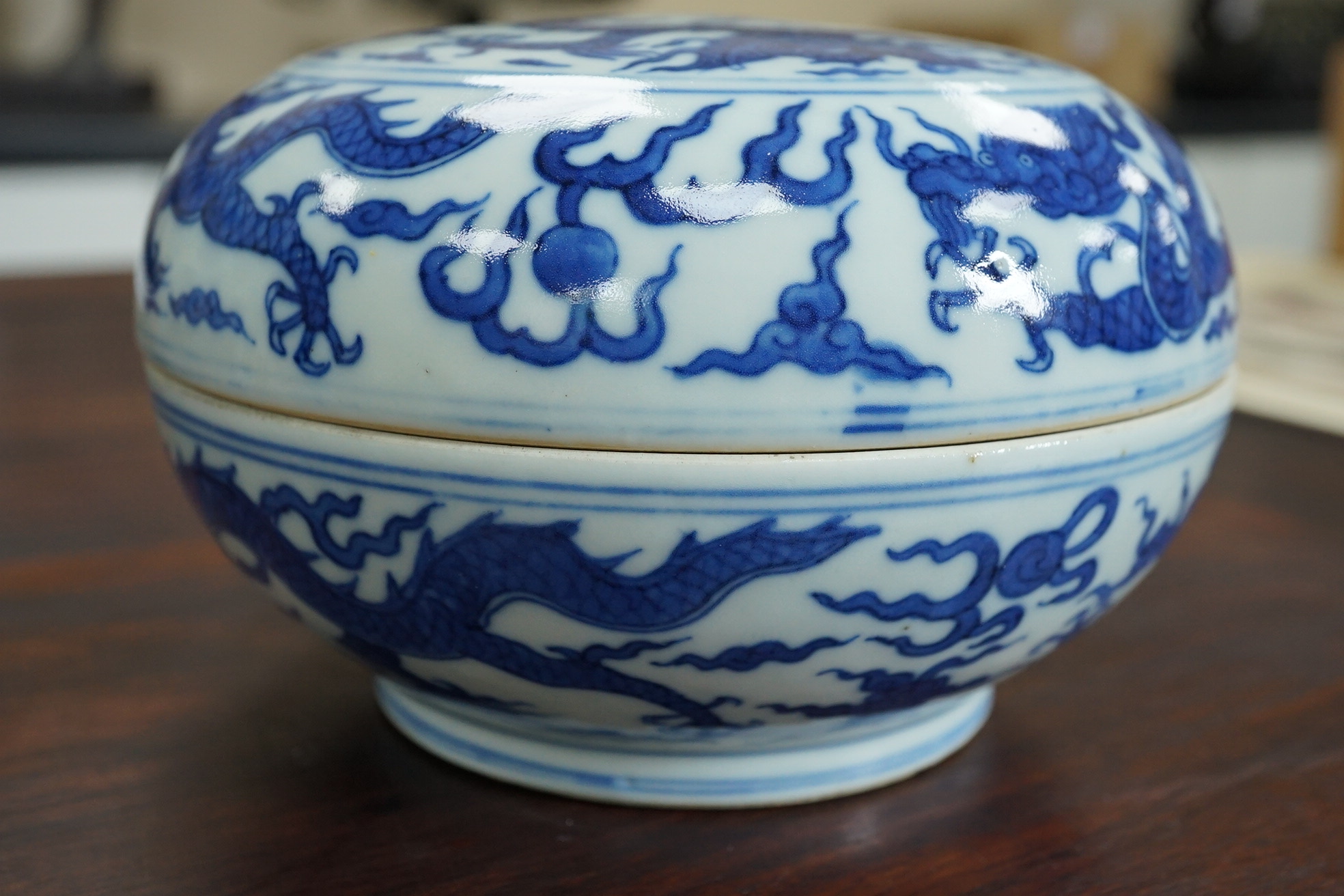A Chinese blue and white ‘dragon’ box and cover, Jiajing six character mark, 19th century